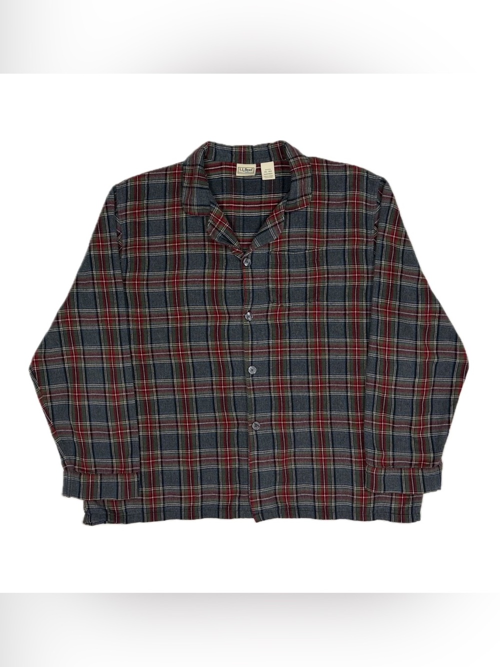 LL Bean Grey Red Scotch Plaid Flannel Button Up Pajama Top Shirt Men's XXL